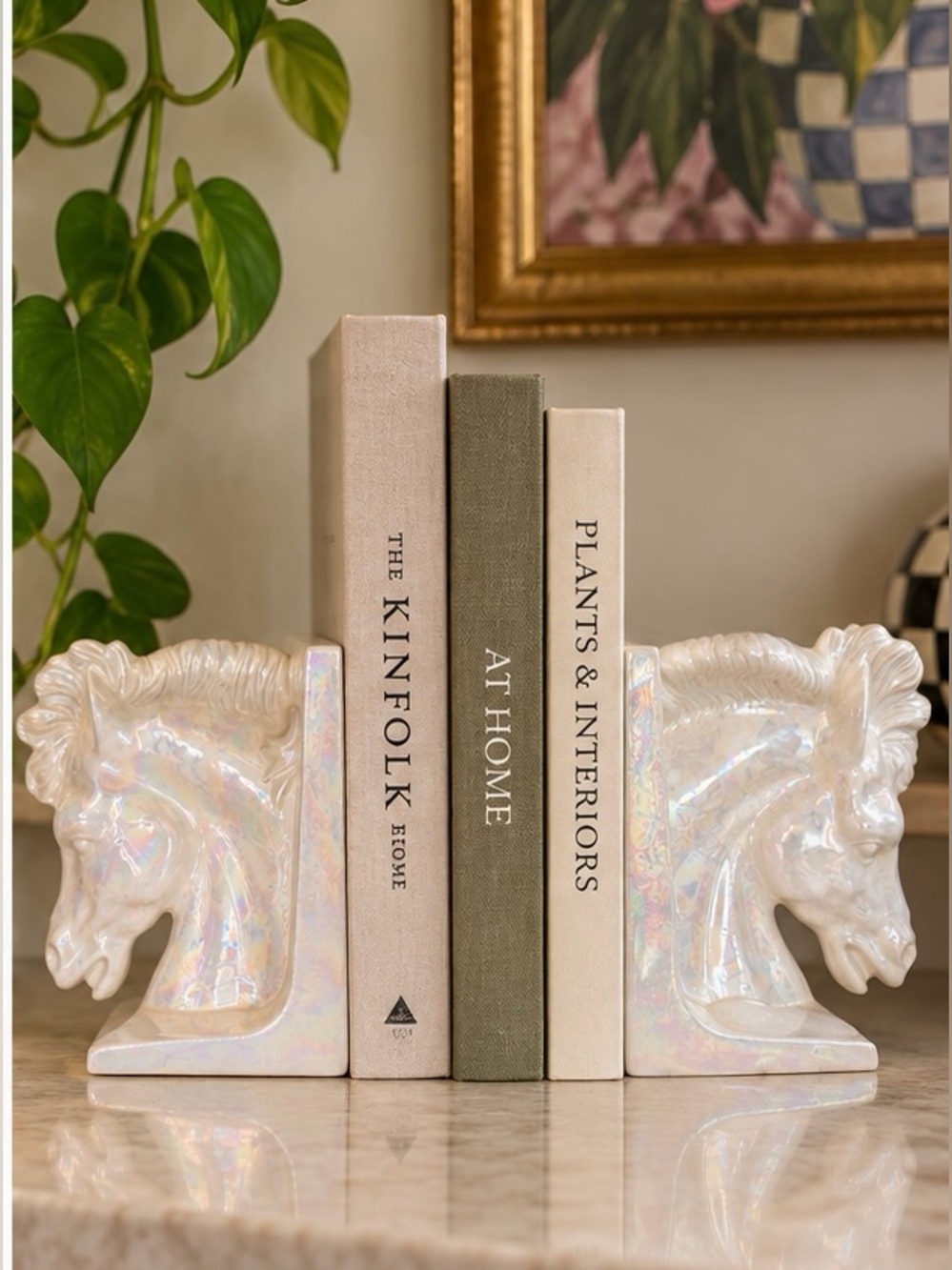 Vintage Iridescent Pearl Ceramic Horse Head Bookends White Equestrian Decor